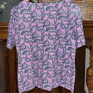 Talbots Pink and Navy Paisley Short Sleeve Tee with scalloped neckline